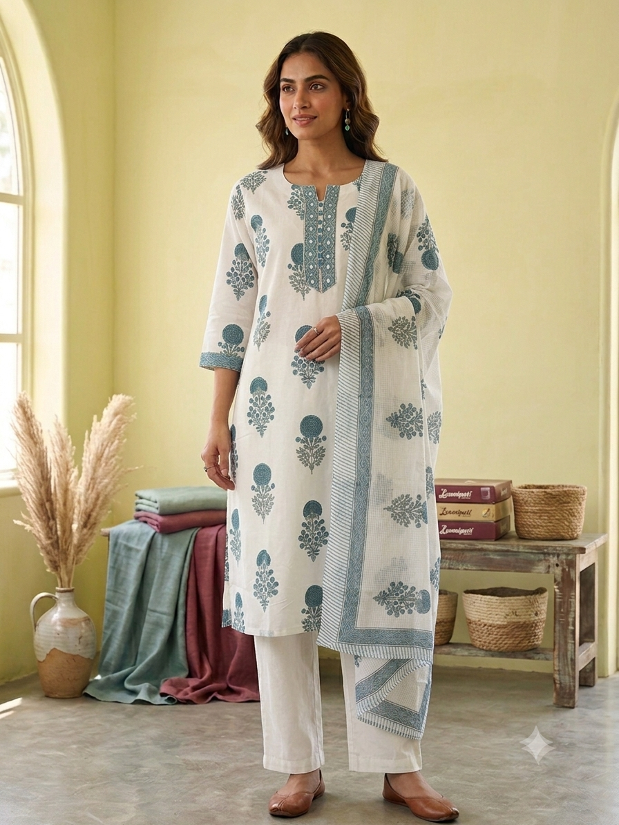White Cotton Hand Block Print Kurta Set with Dupatta 96765