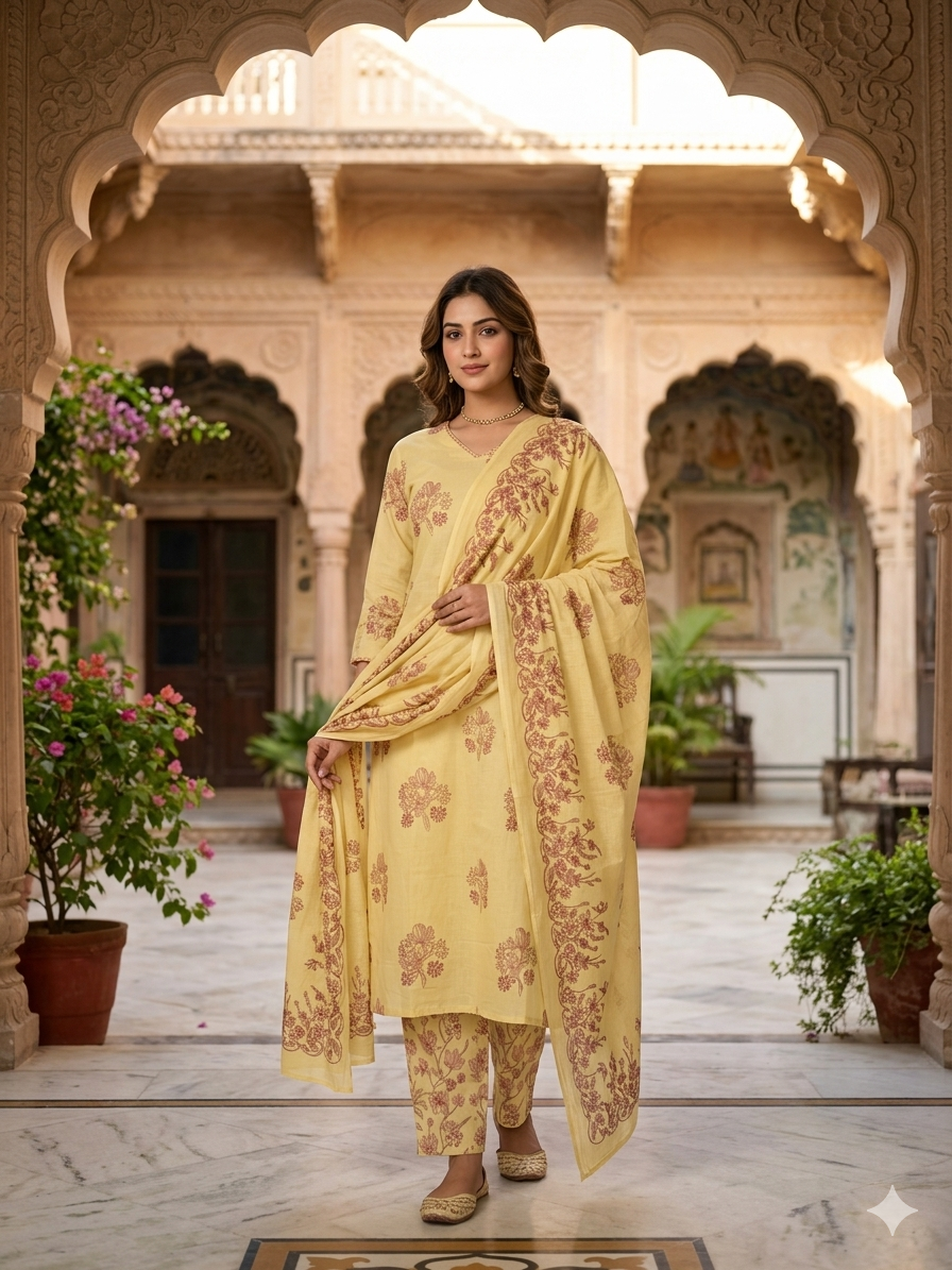 Serene Pastel Yellow Cotton Block Print Kurta Set with Coordinated Pant and Dupatta 12013