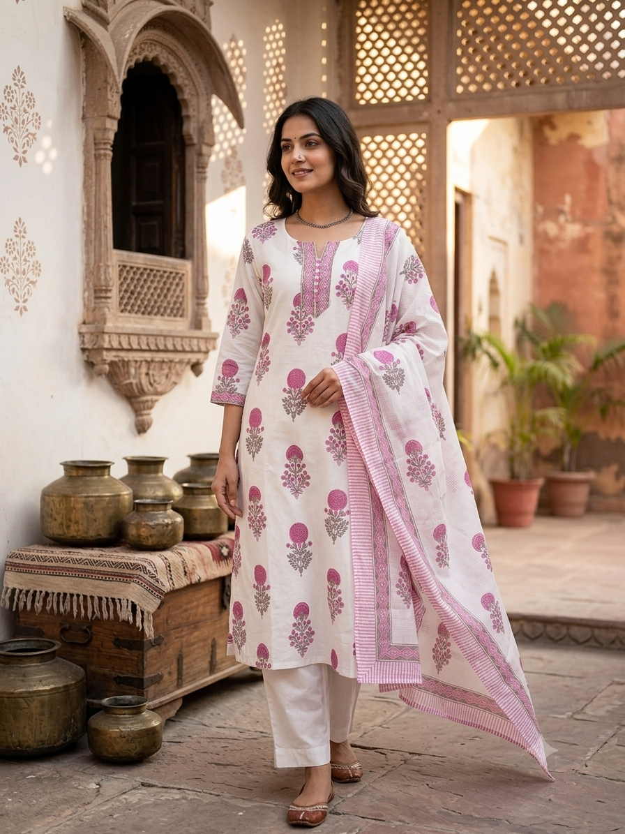 Off-White Pink Block Print Cotton Kurta Set with Dupatta 96922