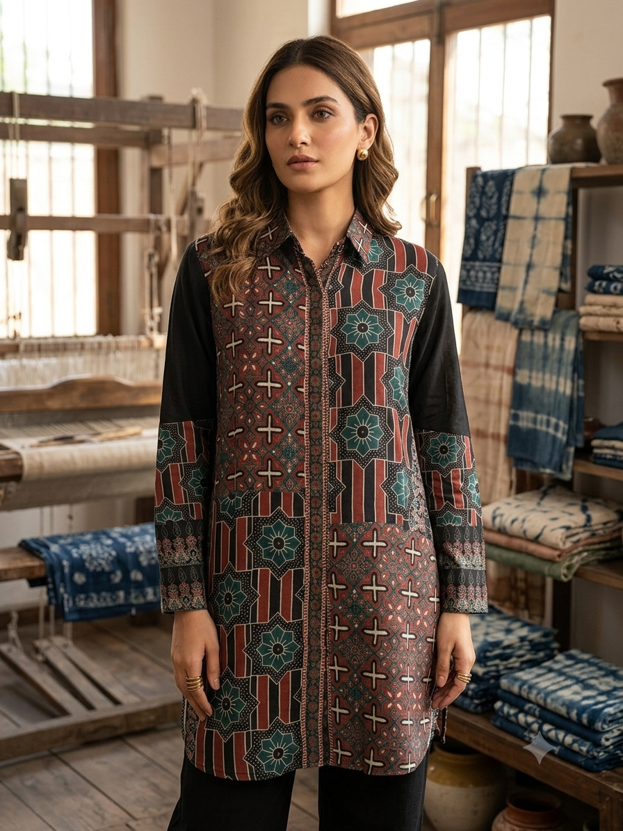 Ajrakh Print Patchwork Cotton Tunic Shirt – Geometric and Star Motif Design