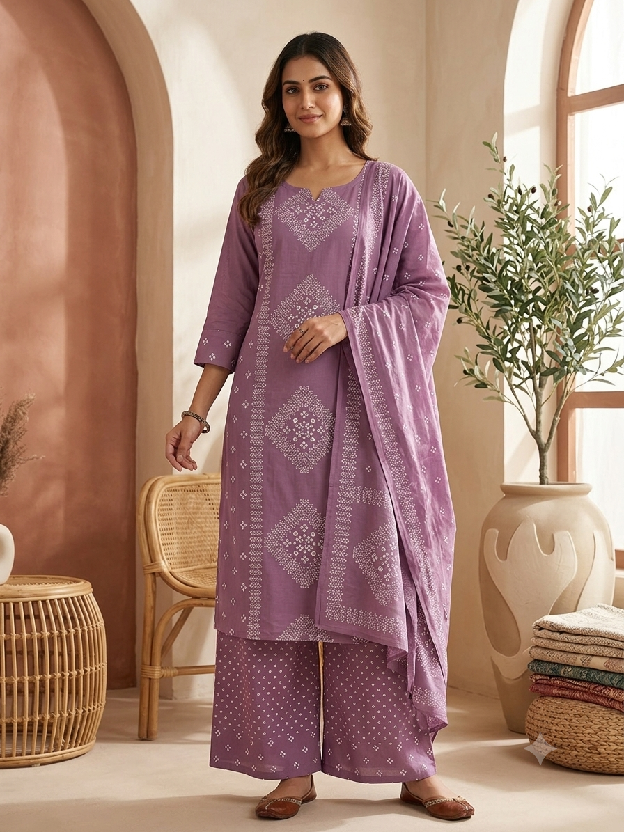 Lavender Bandhani Geometric Print Cotton Kurti Palazzo Set with Dupatta for Women 96916