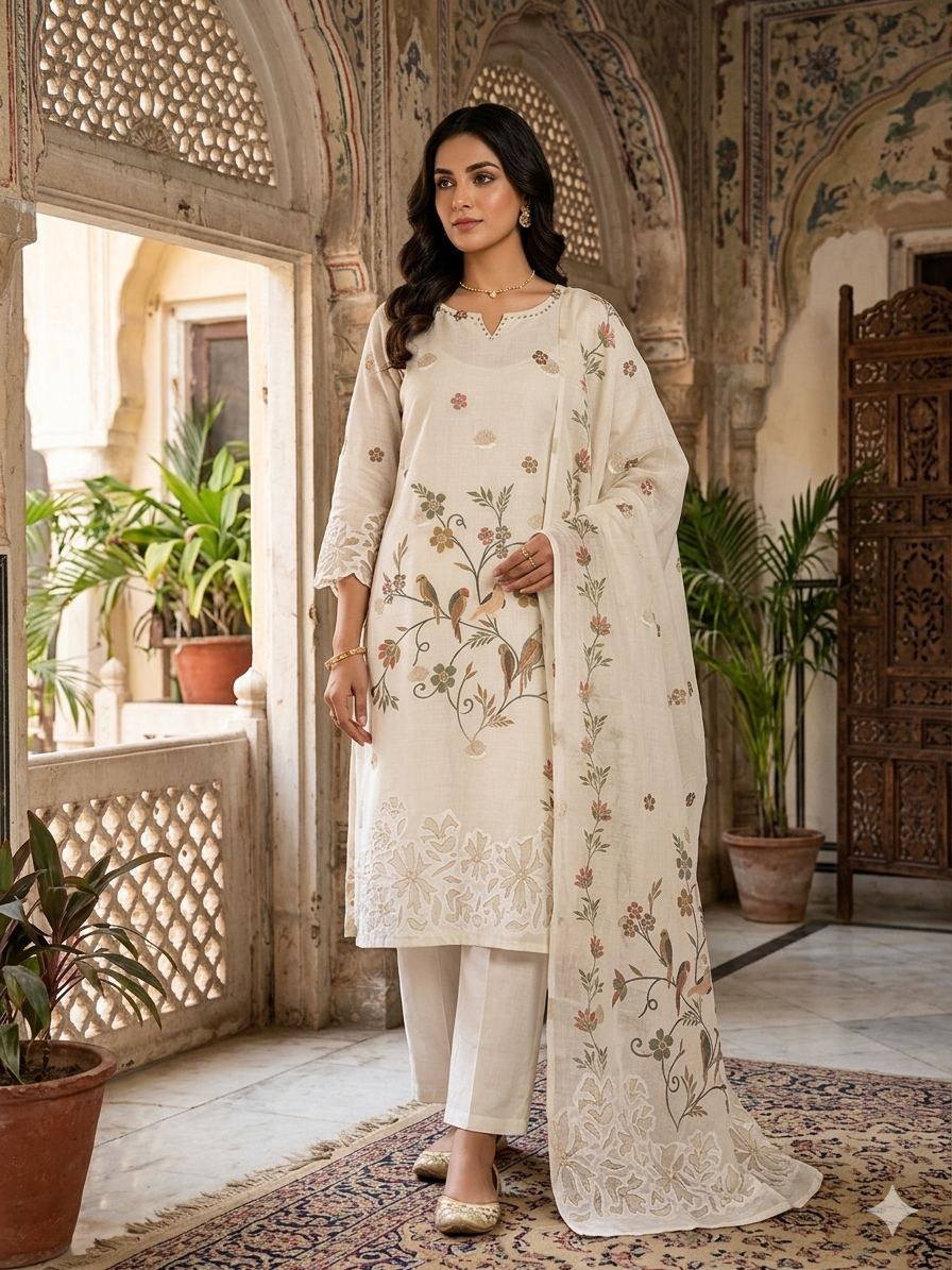 Ivory Cotton Jamdani Kurta Set with Intricate Floral Motifs & Matching Dupatta 32061