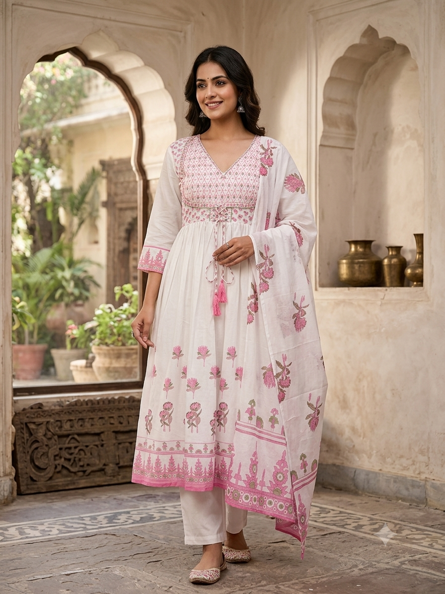 White Cotton Floral Print Anarkali Kurta Suit Set with Tassel Detail for Women