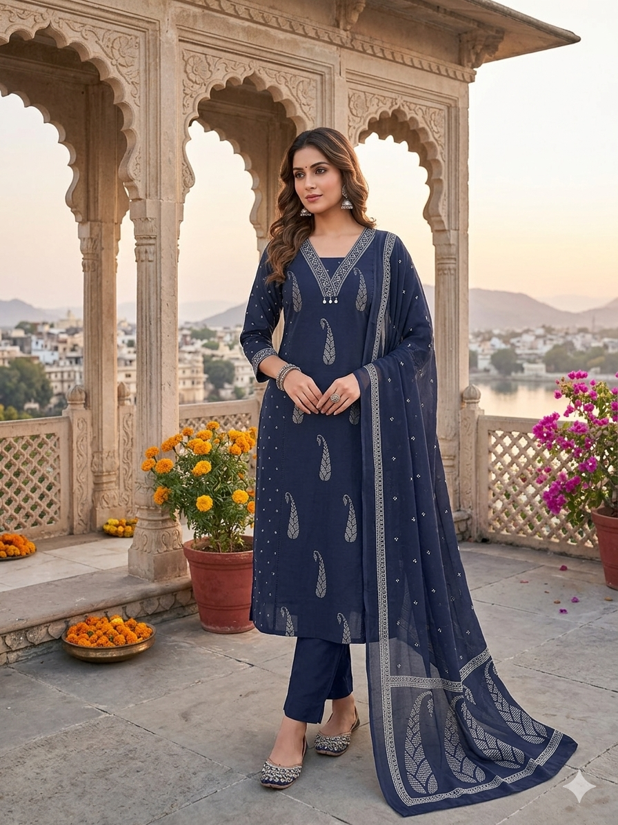 Midnight Blue Paisley Print Kurta Set with Dupatta 96901
