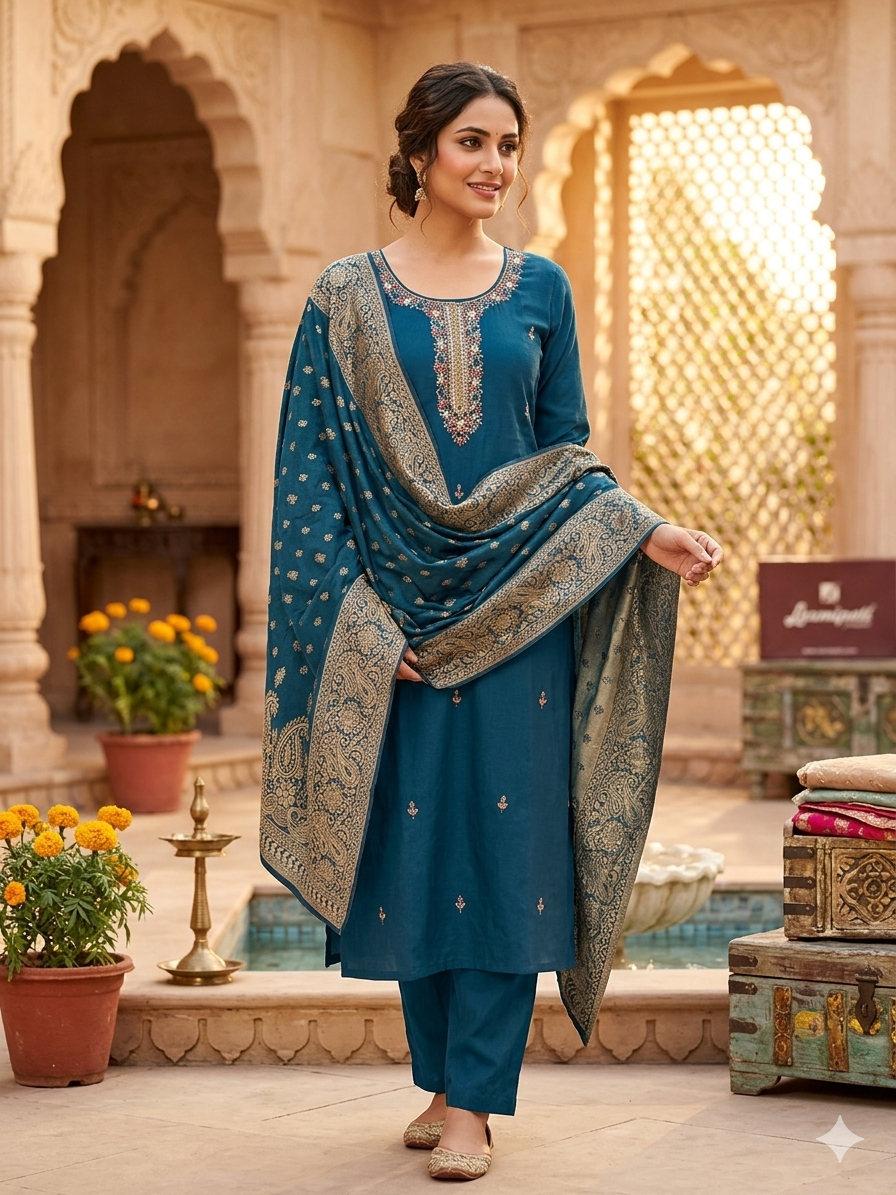 Teal Blue Chanderi Silk Kurta Set with Zari Woven Dupatta 11792