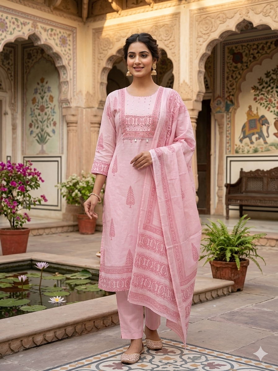 Pastel Pink Cotton Printed Kurta Set with Mirror Work Detail 14221