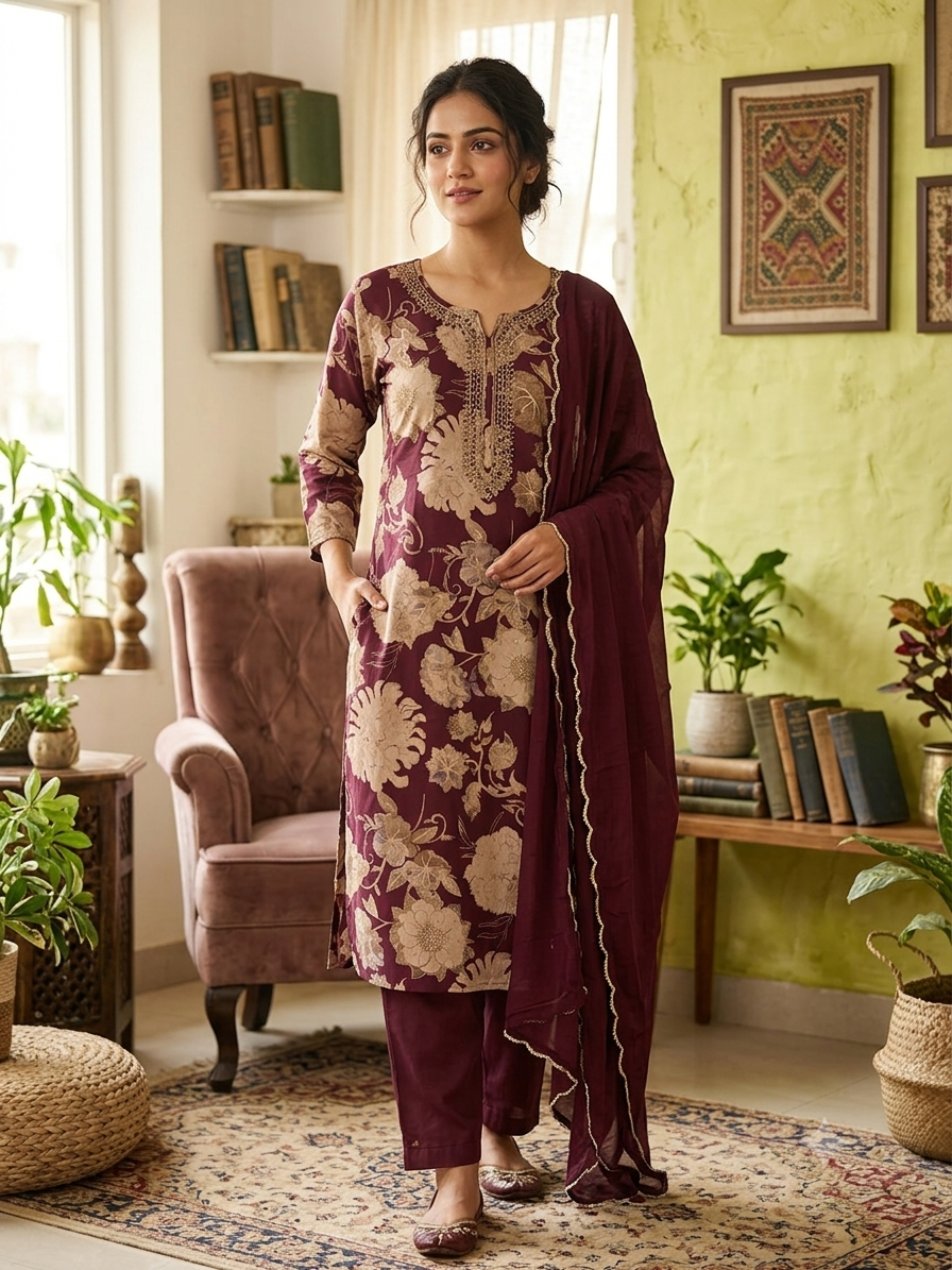 Wine Floral Printed Kurta Set with Dupatta 59135