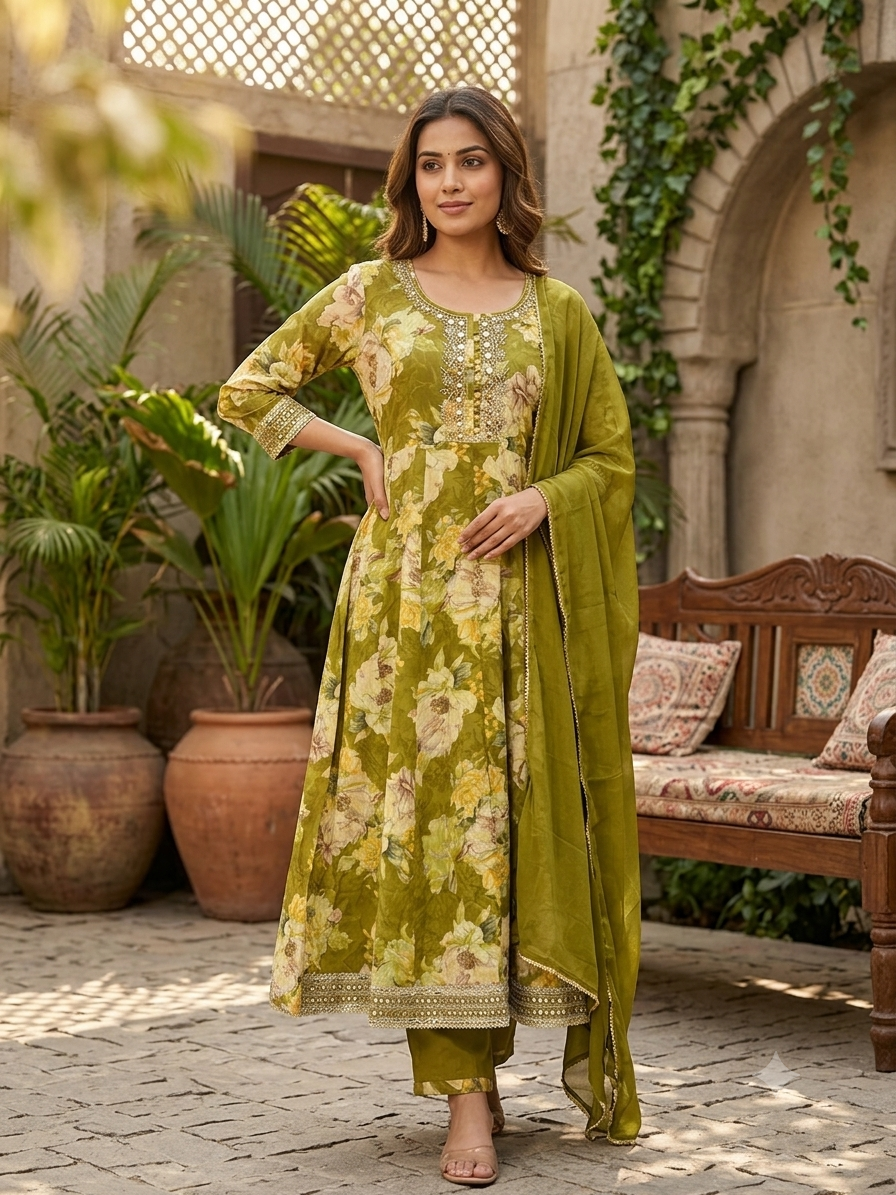 Elegant Olive Green Floral Anarkali Suit Set 59155