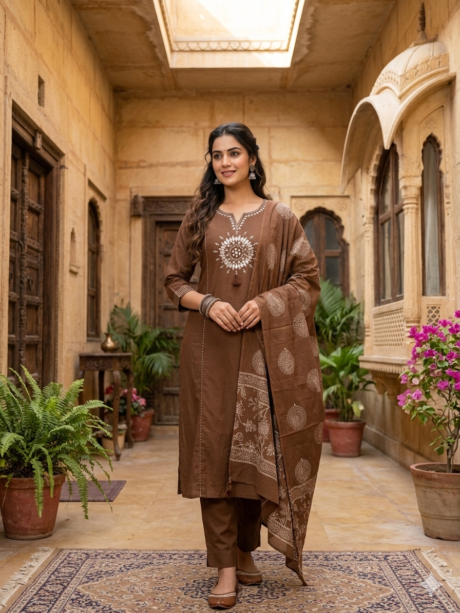 Chocolate Brown Cotton Kurta Set with Mirror Work Embroidery and Matching Dupatta 31705