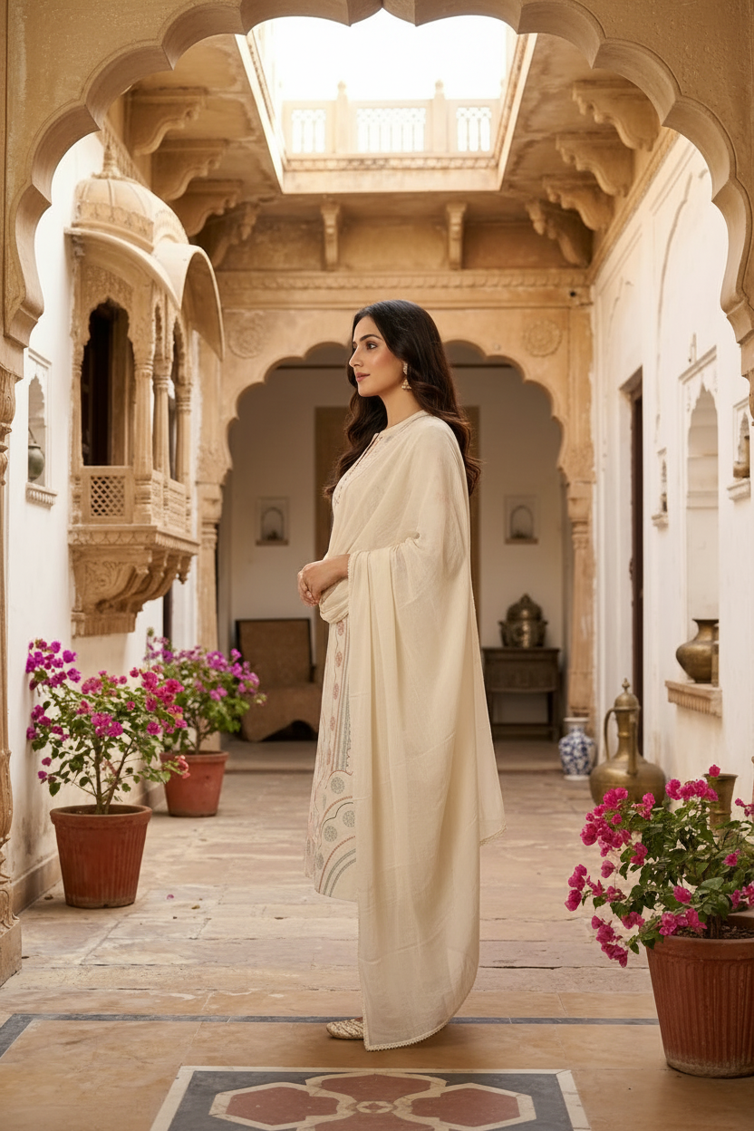 Beige Slub Cotton Suit With Dupatta 7336