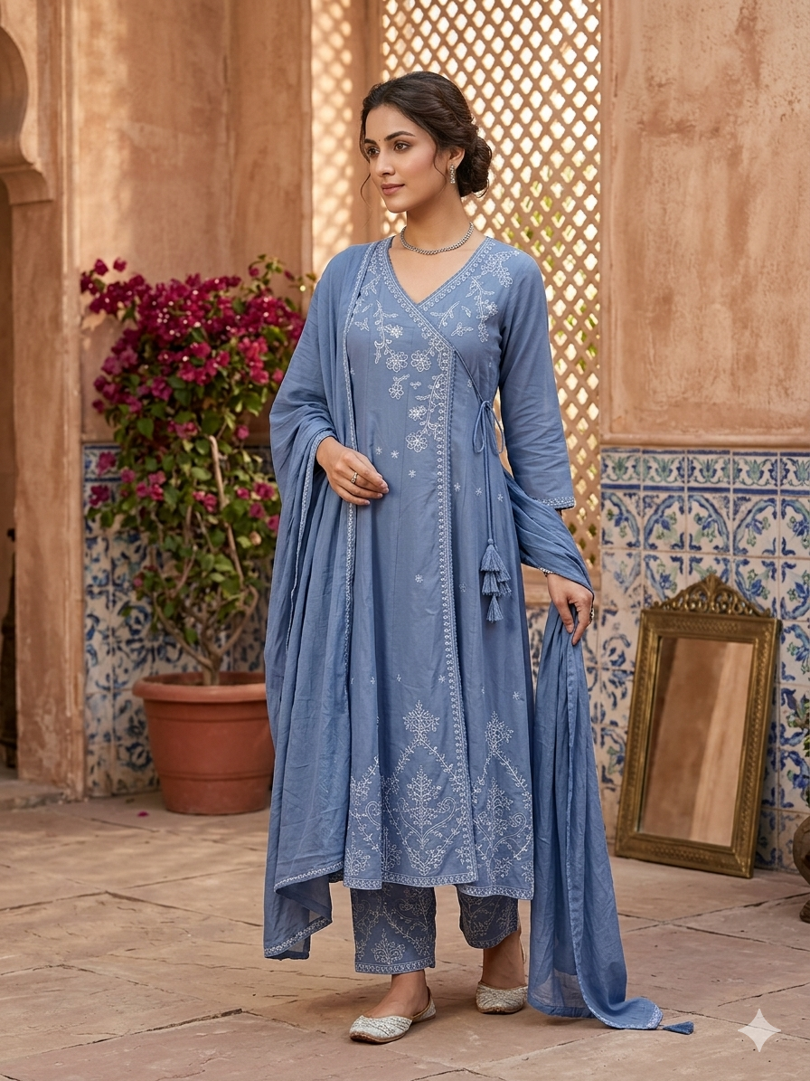 Slate Blue Floral Embroidered Angrakha 3-Piece Kurta Set 14251