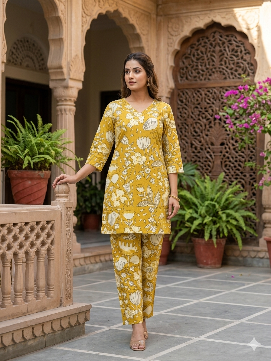 Vibrant Mustard Yellow Floral Co-Ord Set – Breathable Cotton Short Kurti and Pant Ensemble 24528