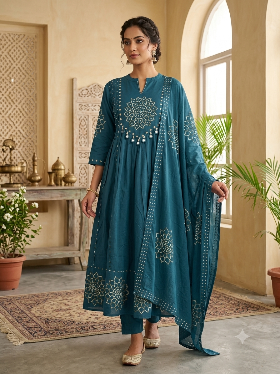 Teal Blue Cotton Bandhani Print Anarkali Kurti Set with Dupatta 94955