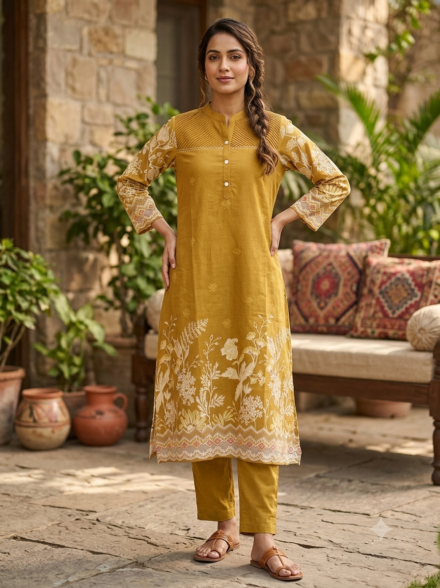 Mustard Yellow Pin-Tuck Printed Suit Set 98751