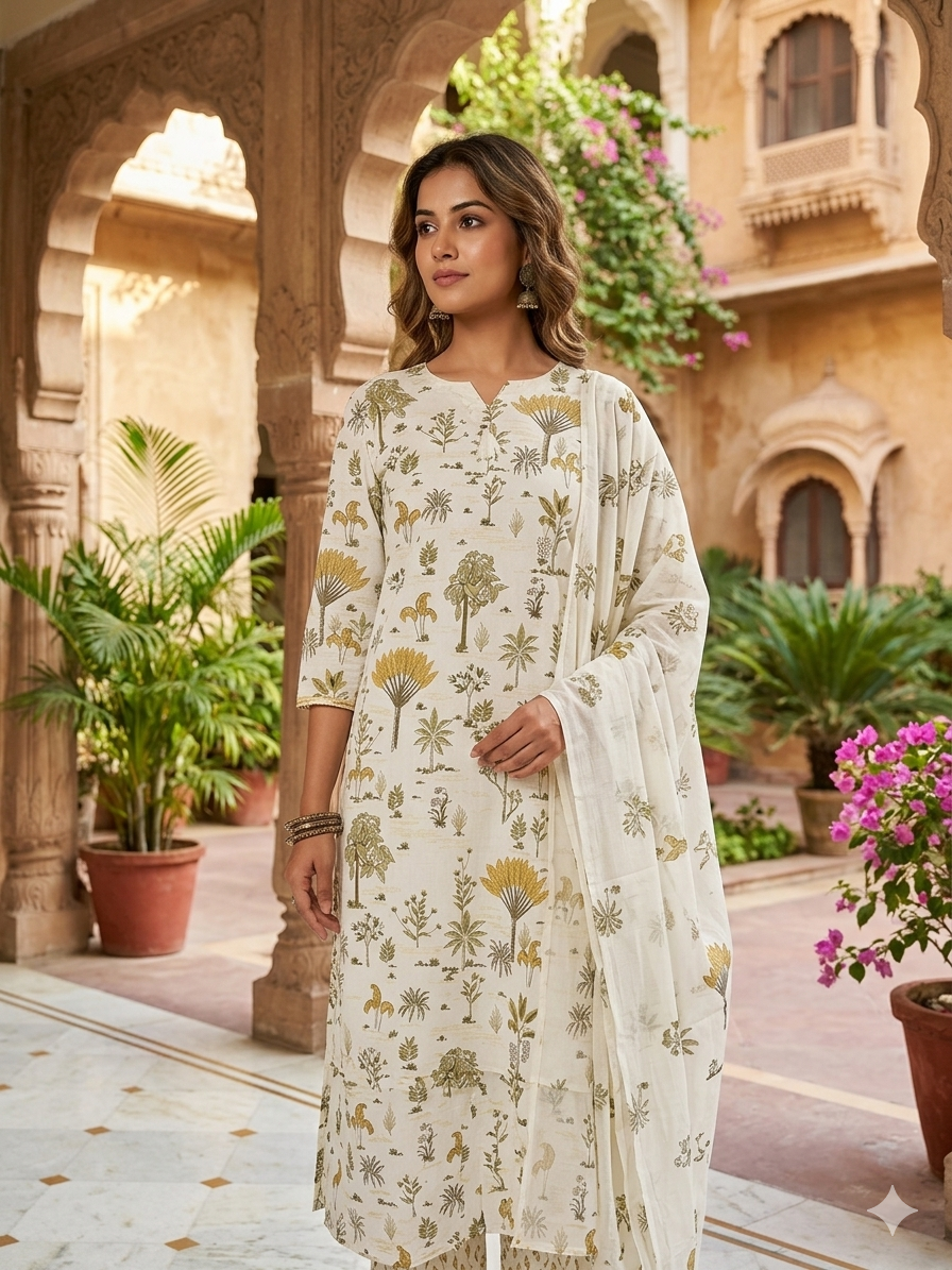 Elegant Tropical Block-Print Kurta Set with Dupatta 79120