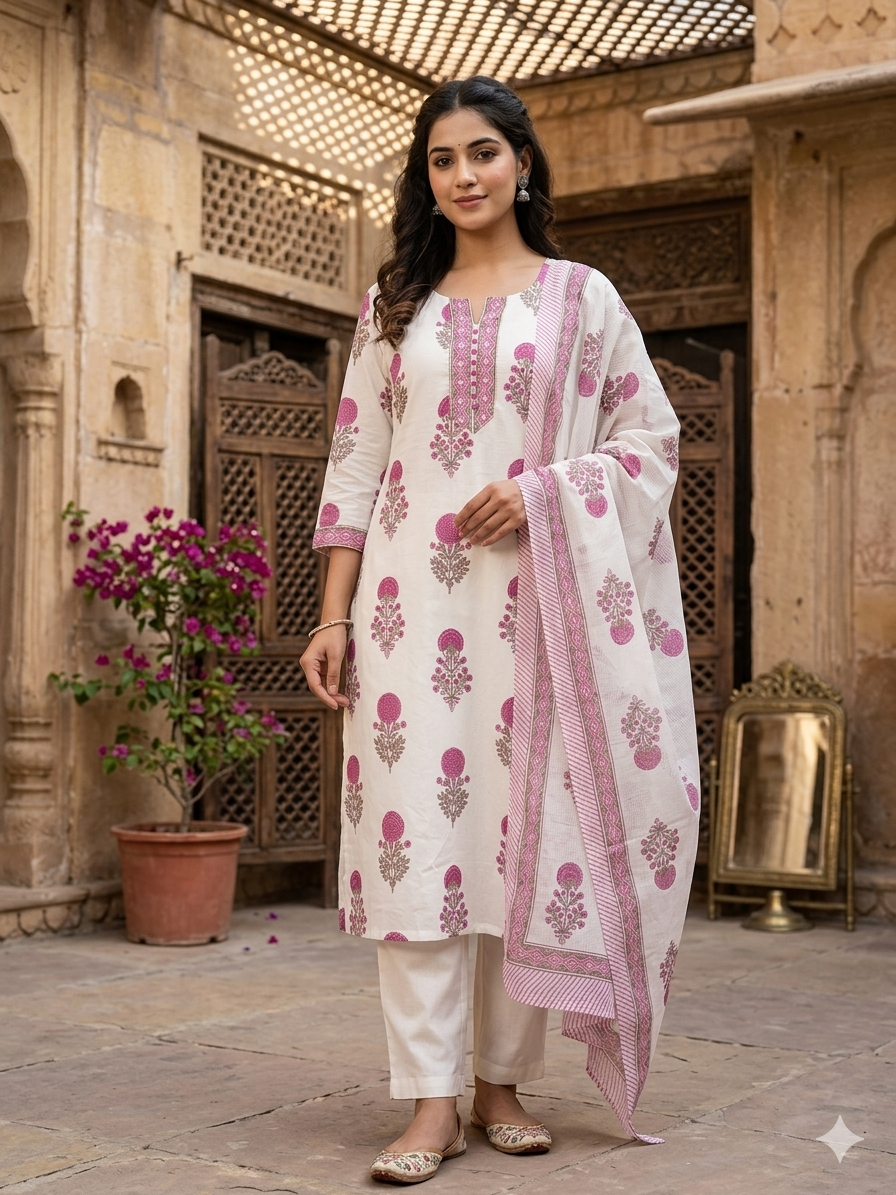 Elegant White & Pink Floral Printed Cotton Suit with dupatta PSDC3-96922
