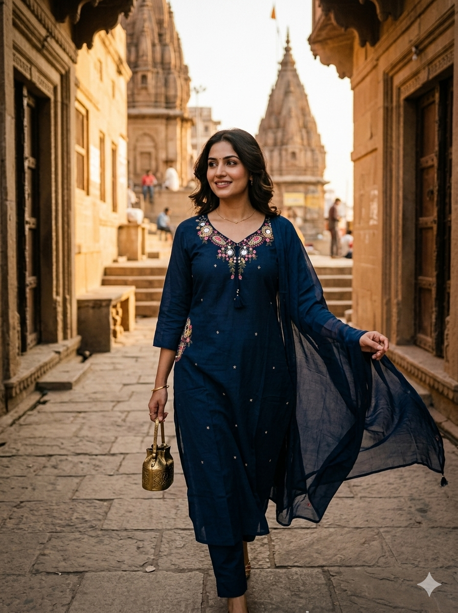 Sophisticated Navy Blue Embroidered Cotton Kurta Set with Dupatta 96902