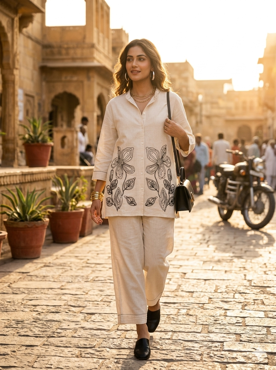 Minimalist Beige Hand-Embroidered Co-ord Set with Floral Motifs CB665