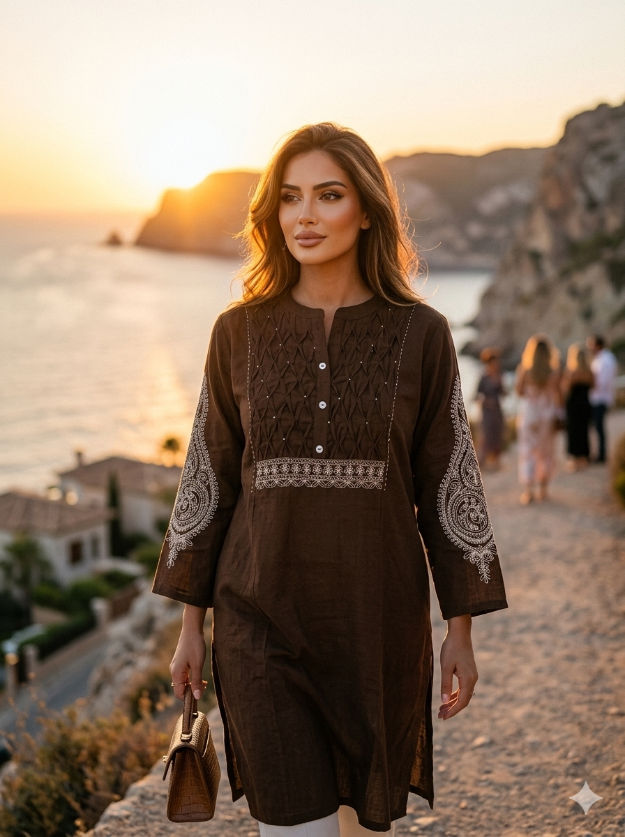 Chic Brown Embroidered Kurti with Intricate Pleated Neckline 48977