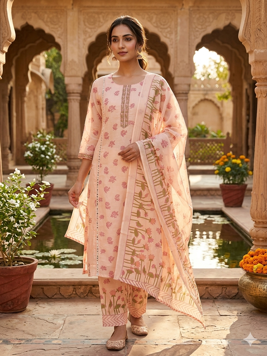 Graceful Peach Floral Print Kurta Set with Dupatta (CottonRmk Kiran)