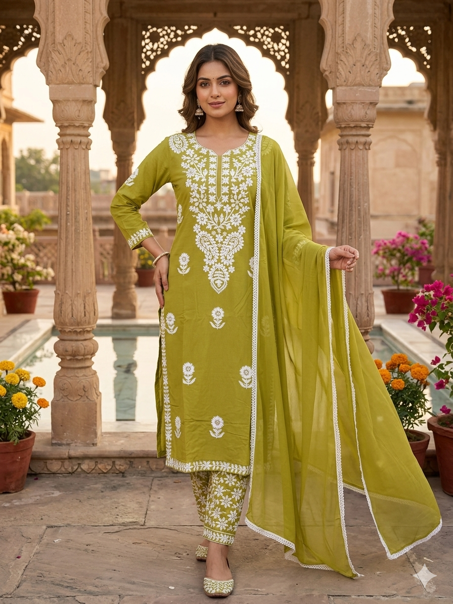 Olive Green Embroidered Chikankari Kurta Set with Dupatta 59045