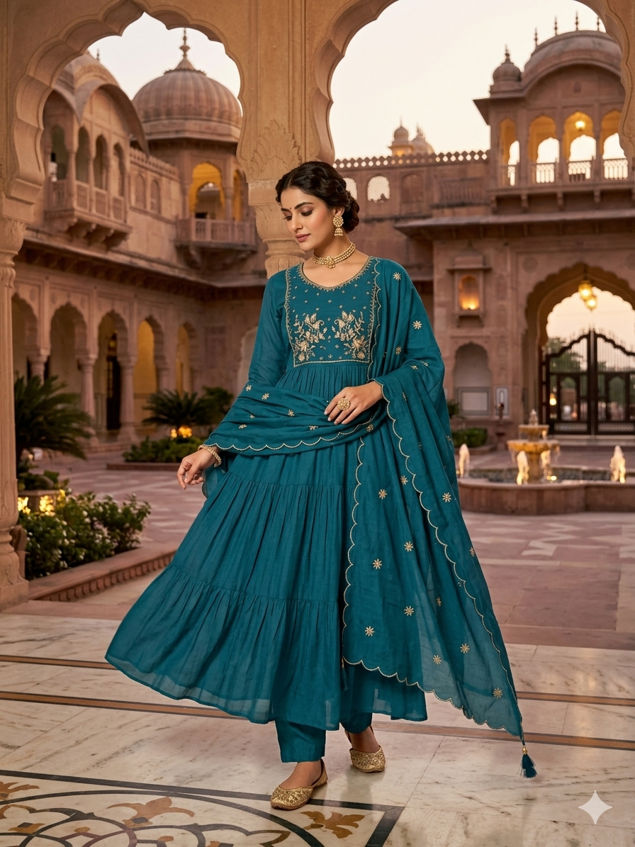 Elegant Teal Embroidered Tiered Kurta Set with Scalloped Dupatta SL01