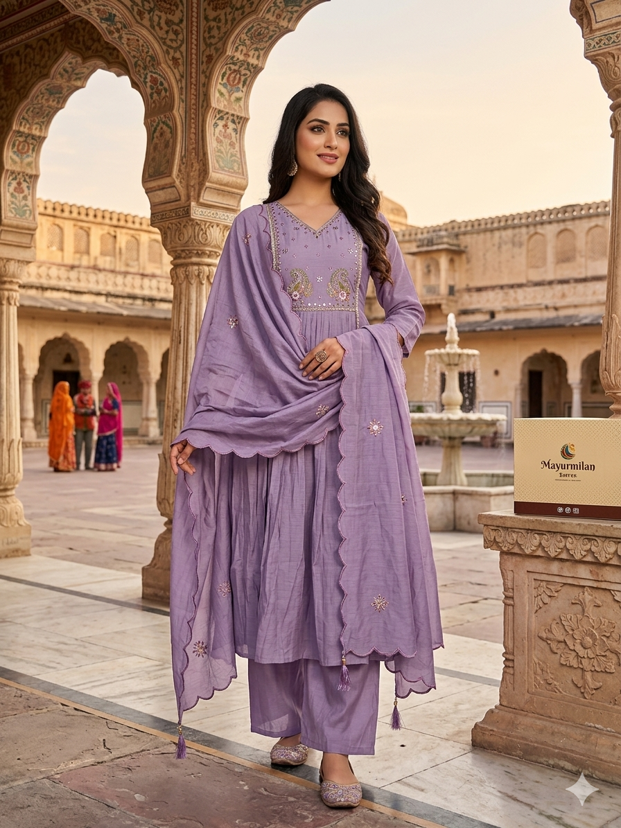 Lavender Pleated Kurta and Wide-Leg Pant Set with Intricate Embroidery and Scalloped Dupatta SL02