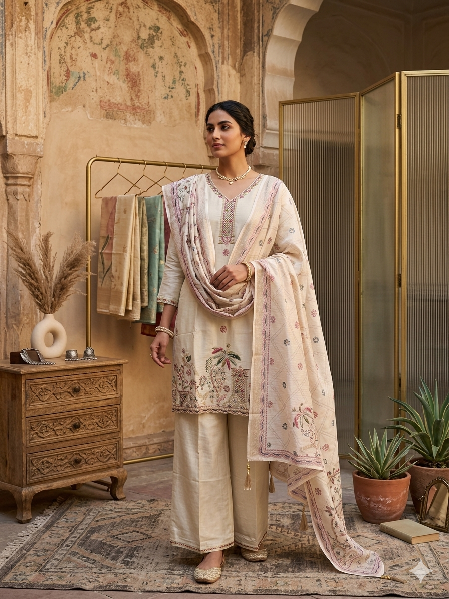 Elegantly Embroidered Cream Kurti Set with Palazzos and Matching Dupatta SL15