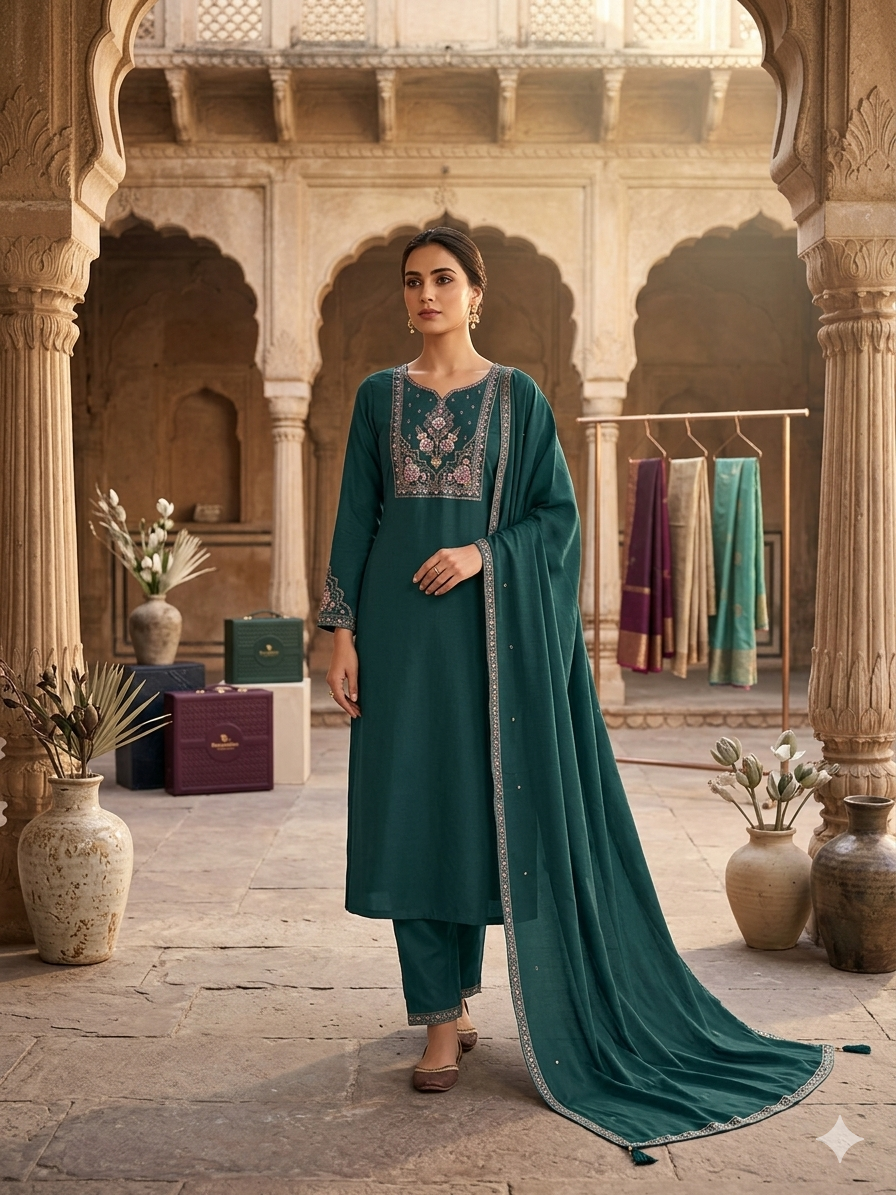 Elegant Deep Teal cotton Kurti Set with Intricate Floral Embroidery and Matching Dupatta – SL07