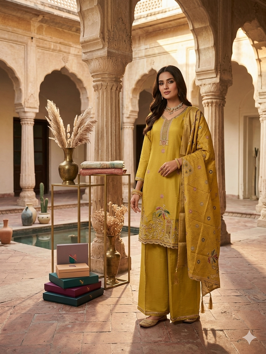 Stunning Mustard Yellow Embroidered Kurti Set with Wide-Leg Palazzos and Matching Dupatta SL15