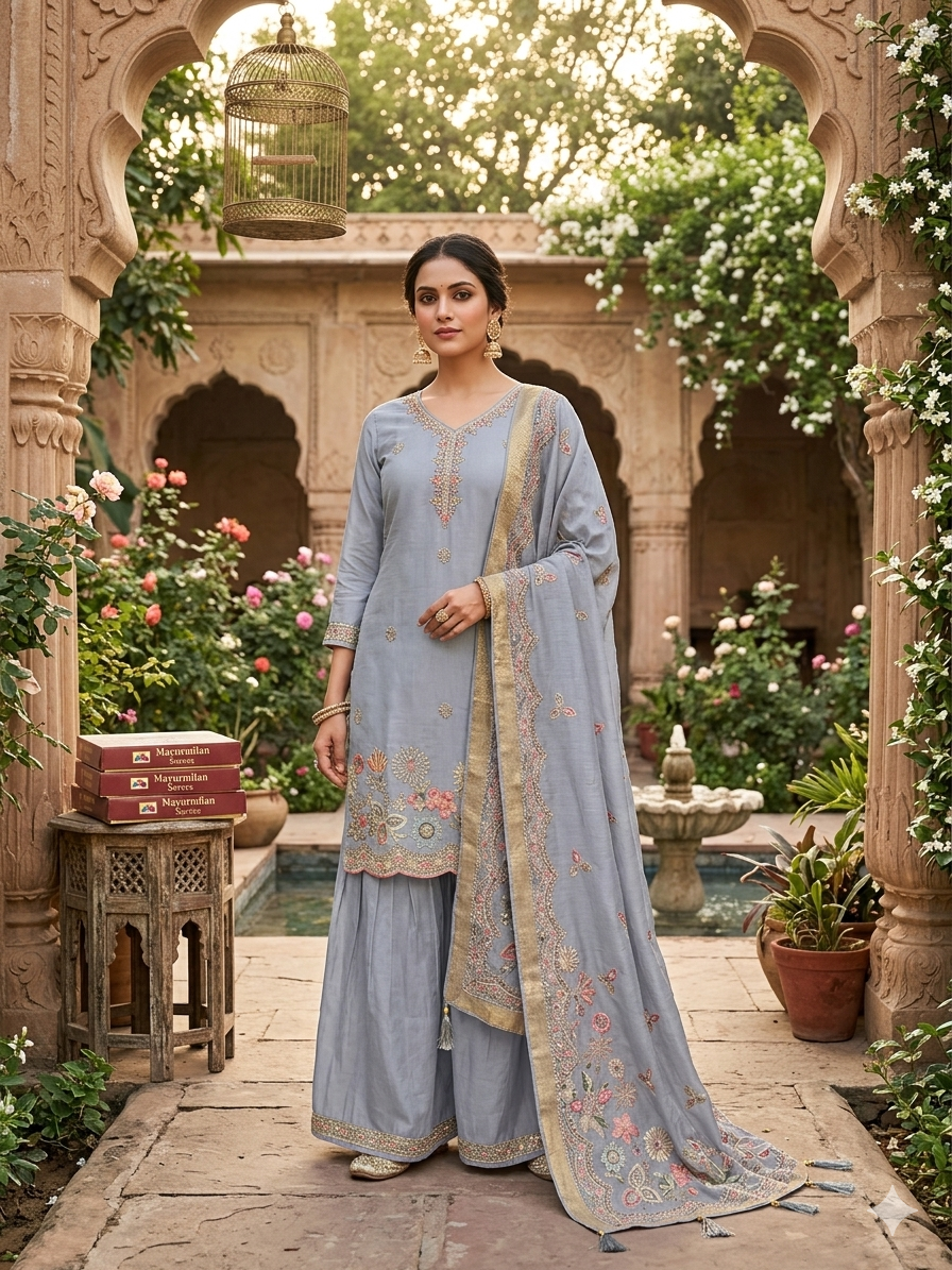 Sophisticated Light Grey cotton Kurti Sharara Set with Intricate Floral Embroidery and Zari Work Border Dupatta SL10