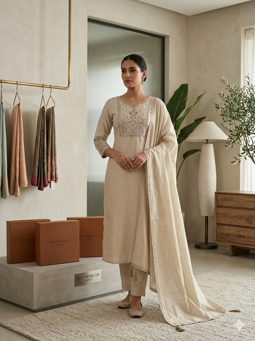 Elegant Beige cotton Kurti Set with Intricate Floral Embroidery and Matching Dupatta SL07