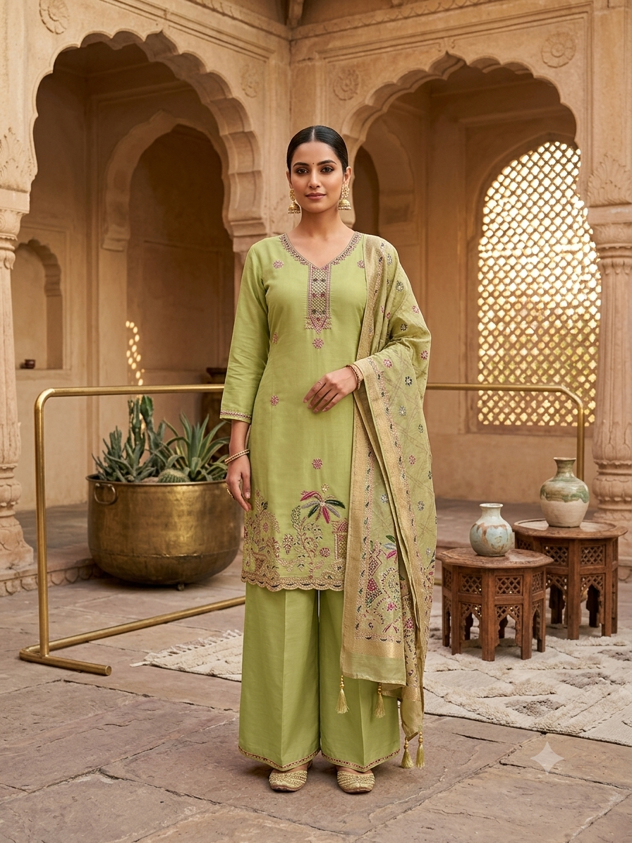 Graceful Lime Green Embroidered Kurti Set with Wide-Leg Palazzos, Detailed Yoke, and Patterned Dupatta SL15