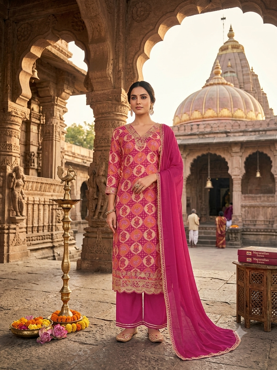 Vibrant Fuchsia Geometric Print Kurti With Dupatta Embellished Neckline and Matching Trousers for Festive Wear 74561
