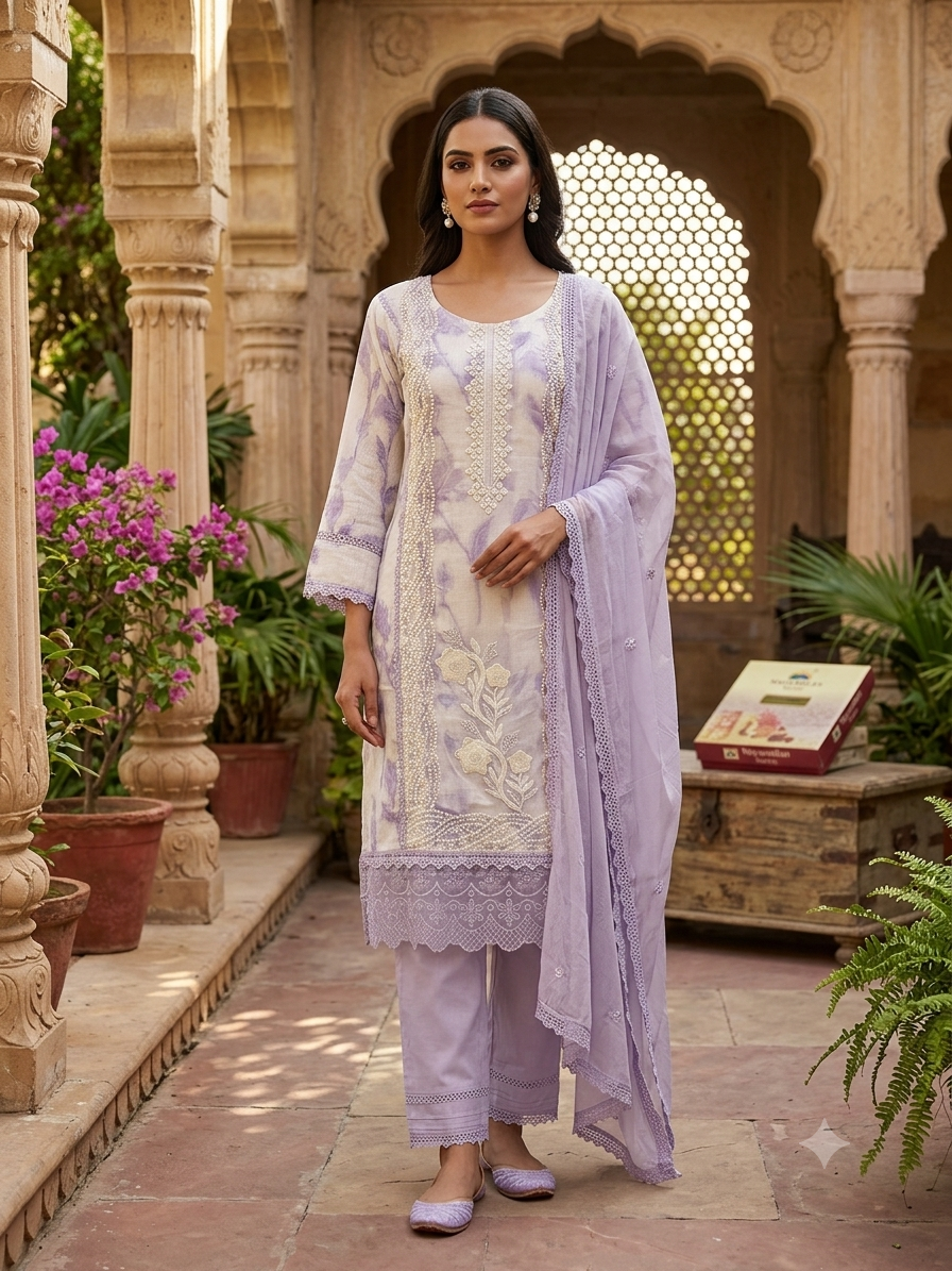 Elegant Lavender Tie-Dye Kurti With Dupatta Intricate Pearl Embroidery and Delicate Lace Border Details