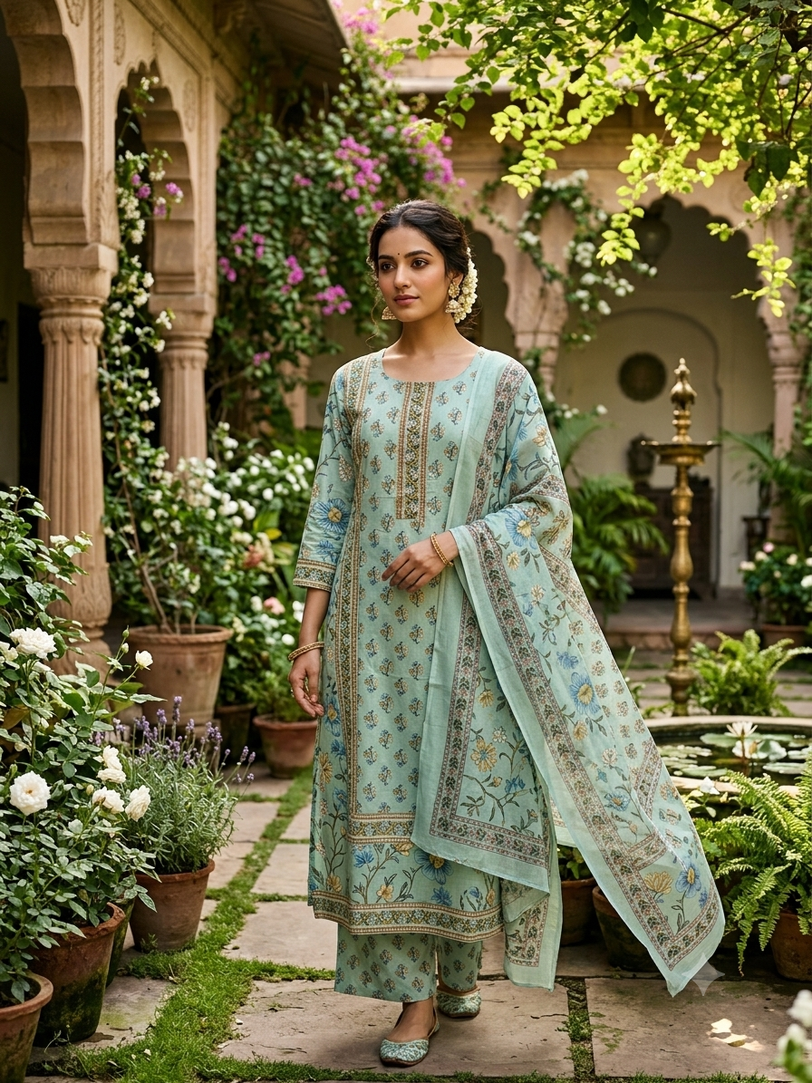 Stunning Mint Green Floral Print Kurti Set with Matching Palazzos and Elegant Printed Dupatta