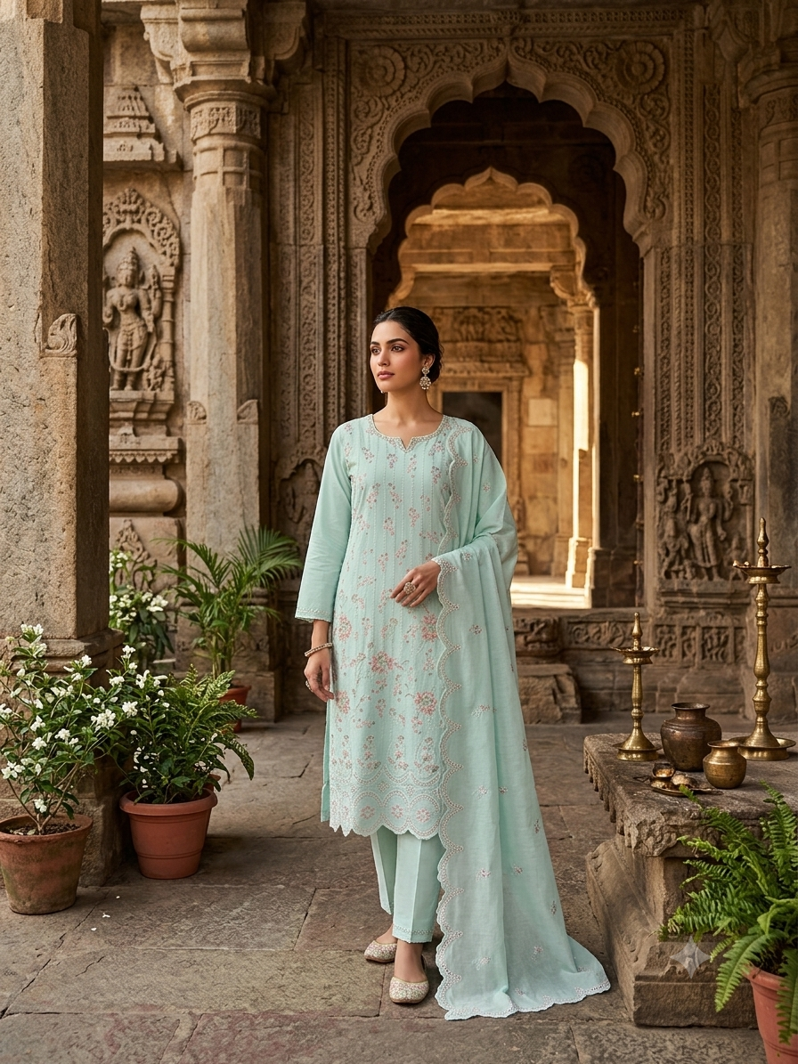 Exquisite Mint Green Embroidered Kurti Set with Scalloped Dupatta and Matching Slim-Fit Trousers