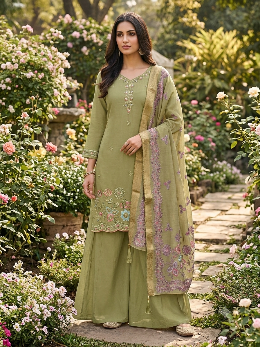 Elegant Olive Green Embroidered Kurti with Matching Sharara Pants and Detailed Designer Dupatta Set