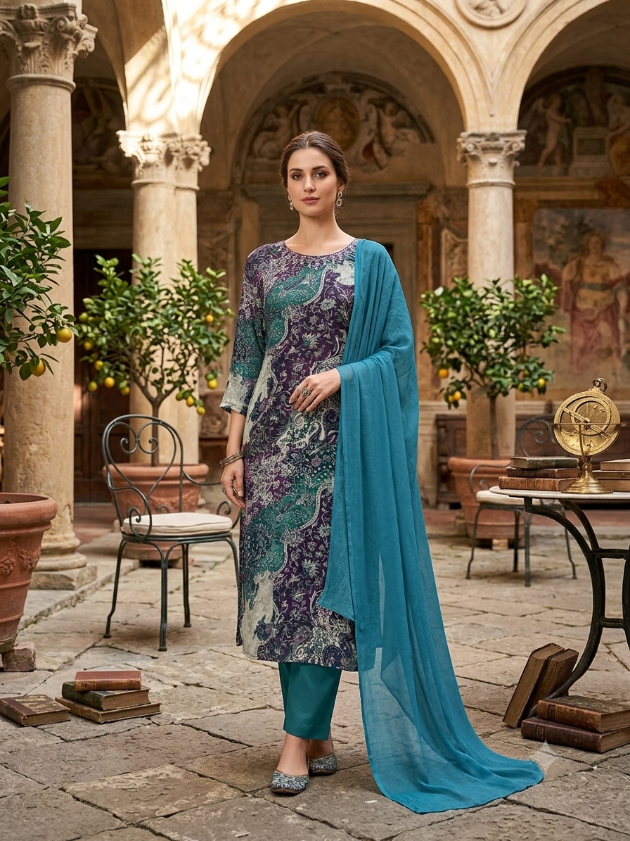 Teal Printed Kurti Set With Solid Matching Pants With Dupatta CH-1