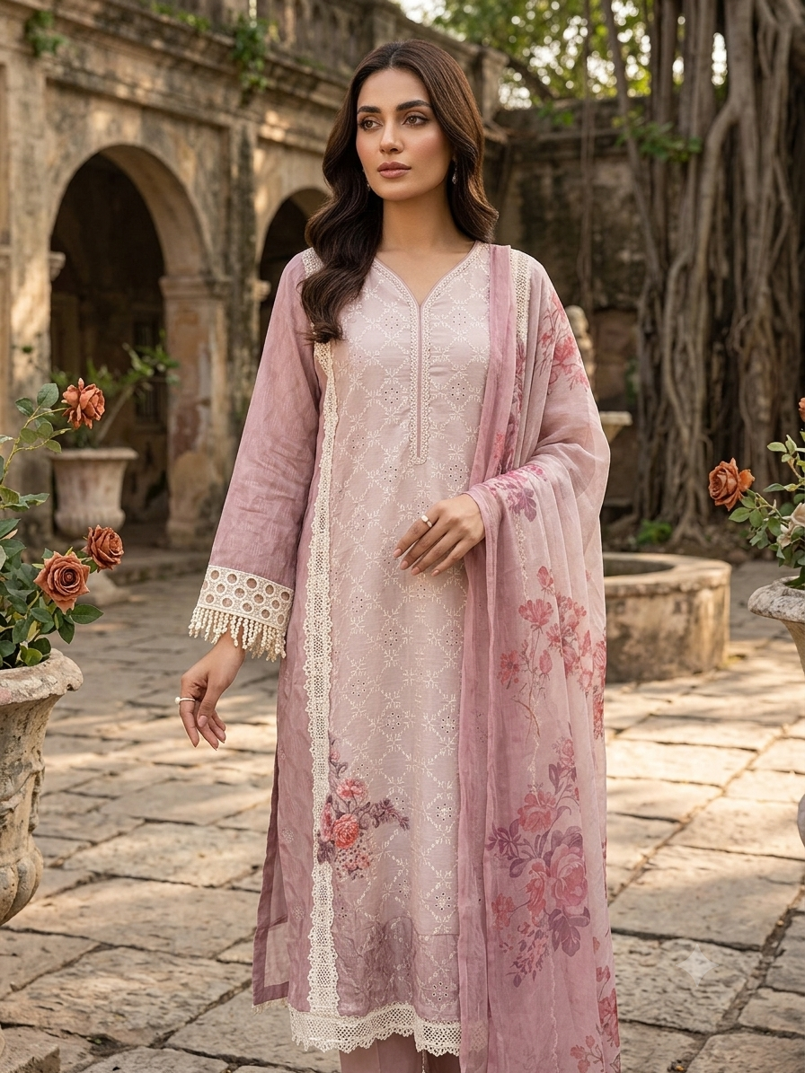 Dusty Pink Embroidered Kurti Set With Floral Print Dupatta JB-4