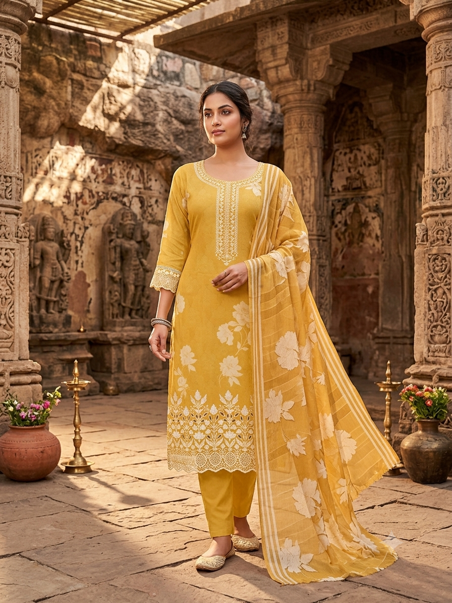 Mustard Yellow Embroidered Kurti Set With Floral Dupatta JB-4
