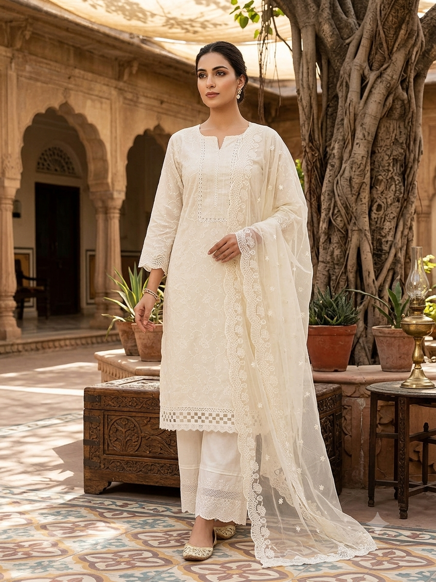 Off-White Embroidered Kurti Set With Sheer Lace Dupatta RC-6