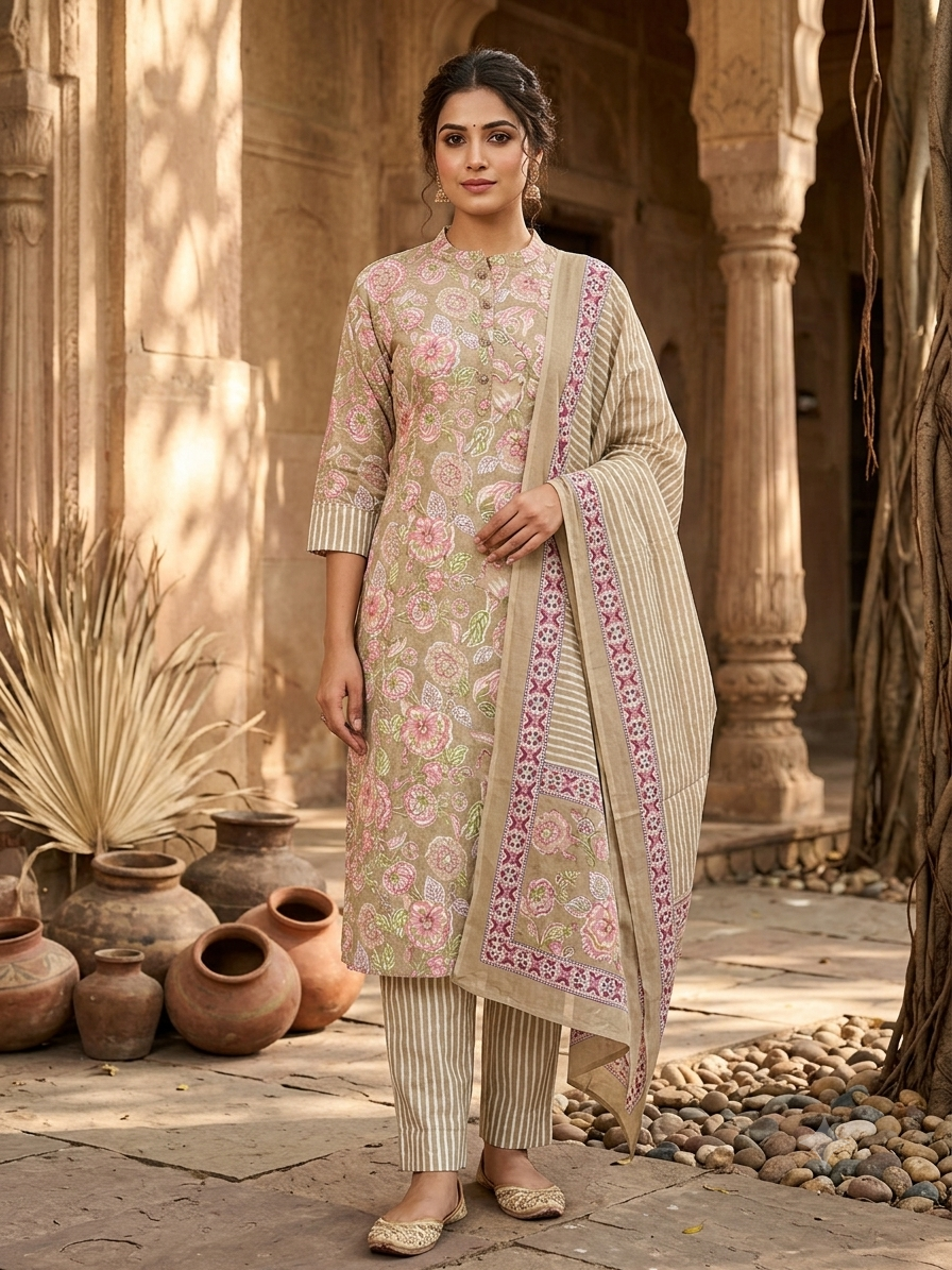 Floral Print Cotton Kurti Set With Striped Pants and Matching Dupatta CD-3