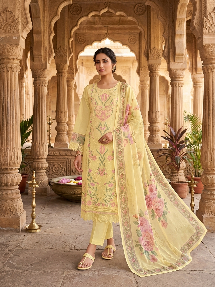 Stunning Yellow Embroidered Kurti Set With Floral Dupatta RC-10