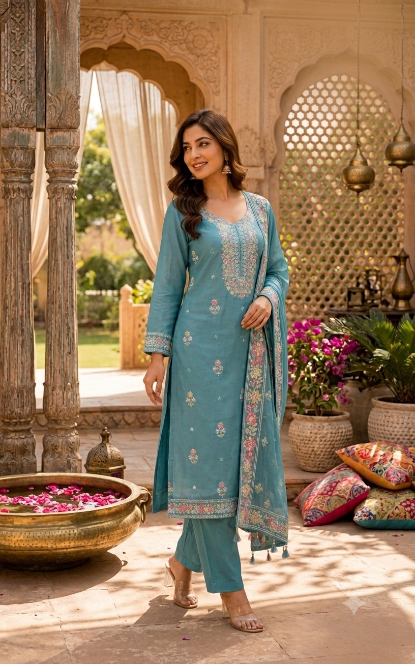 Teal Embroidered Kurti Set With Dupatta 12899