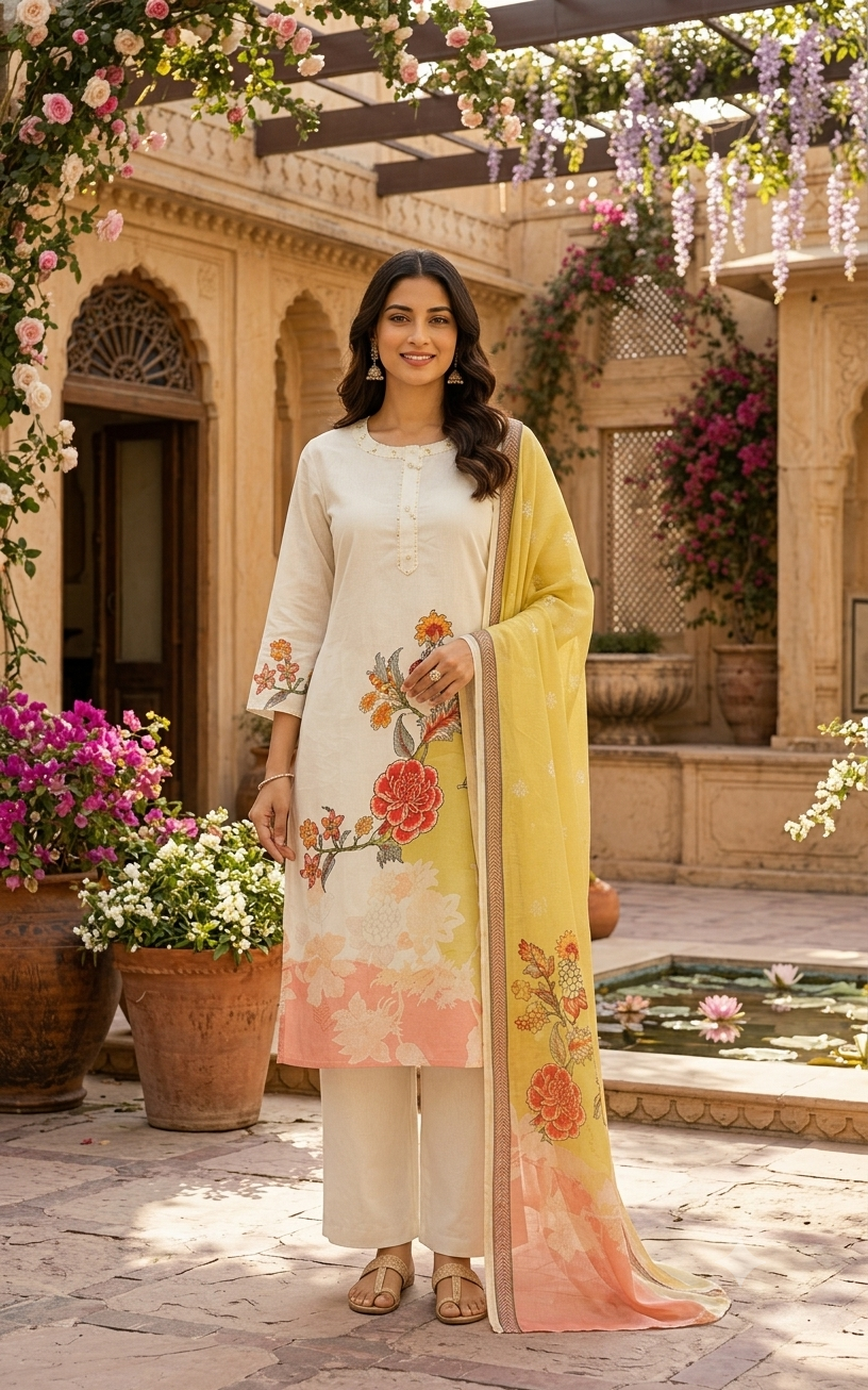 Floral Print Off-White Kurti Set With Yellow Dupatta 12595