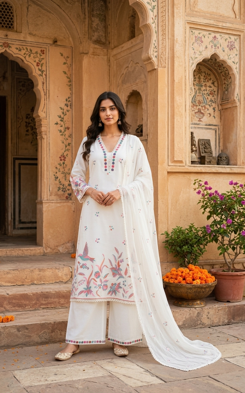 Embroidered White Kurti Set With Dupatta 12480