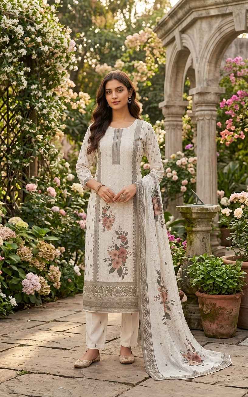Floral Print Off-White Kurti Set With Matching Dupatta 12572