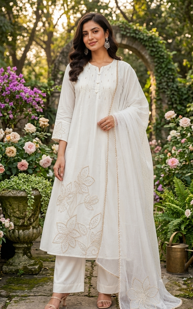Embroidered White Kurti Set With Dupatta 11973