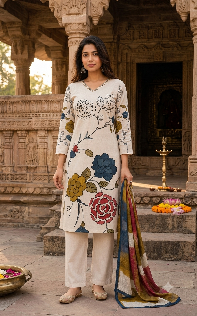 Floral Print Kurti Set With Colorful Dupatta for Stylish 12012